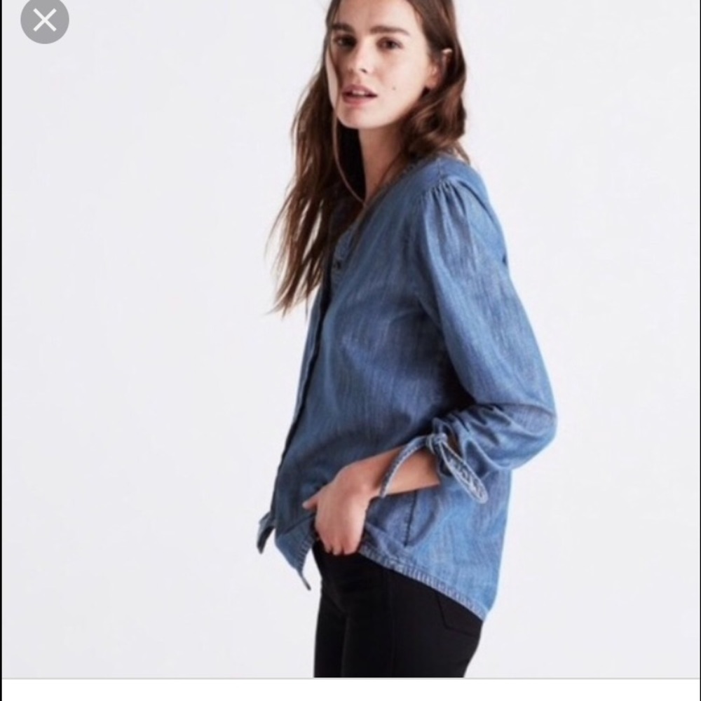 Madewell denim, tie sleeve ,chambray top